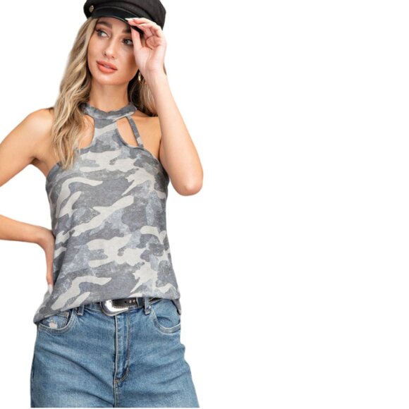 143 Story Camo Edgy Cut Out Strappy Sleeveless Tank Top - Picture 1 of 3
